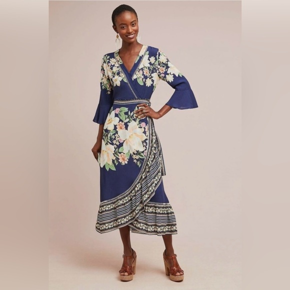Farm Rio Anthropologie Midnight Flower Midi Ruffle Wrap Dress - Picture 1 of 7